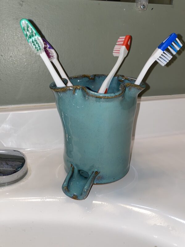 Handmade pottery toothbrush holder Teal fits 5 regular toothbrushes or 2 electric toothbrushes